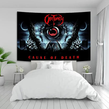 Industrial sewing machine death metal tapestry with black and red skull and crescent moon design for living room decor