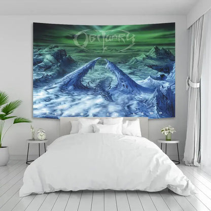 A rectangular death metal tapestry with icy mountains and green aurora sky decor for living room by decorbites