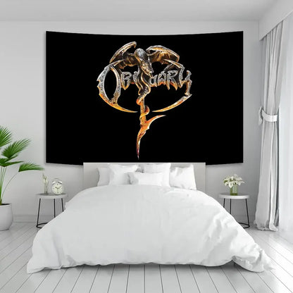 Black tapestry with metallic gold and silver obituary logo featuring a dragon for death metal living room decor