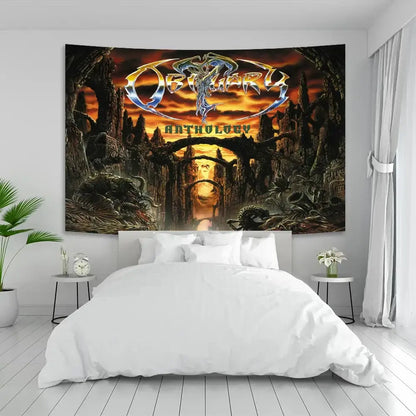 A dark death metal tapestry featuring obryary anthology album art with gothic fantasy and glowing orange sky for living room decor
