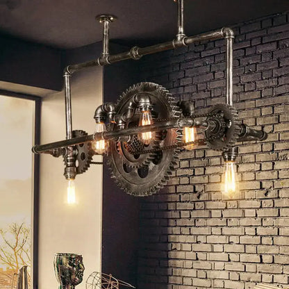 Industrial silver gray gear island pendant kitchen led light with dark metallic pipes and exposed edison bulbs 220v-240v 110v-120v