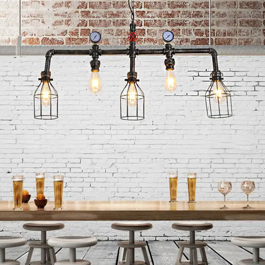 DecorBites™ industrial black pipe hanging lamp with four exposed bulbs, metallic caged design, and pressure gauge accents