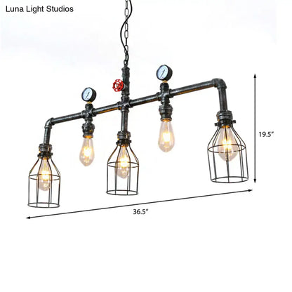 Decorbites industrial silver island hanging lamp with five metallic caged bulbs and pressure gauges