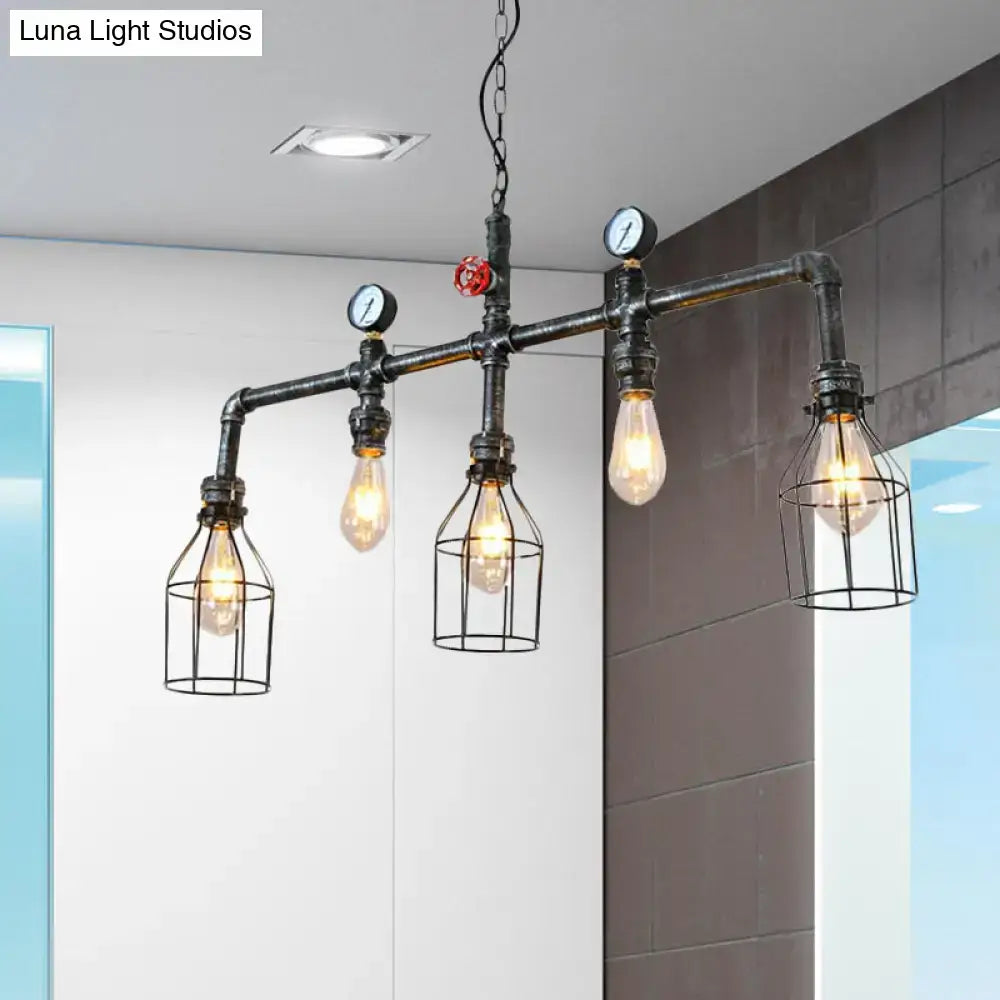 Decorbites industrial silver hanging lamp with metallic caged bulbs and pressure gauges in black pipe design