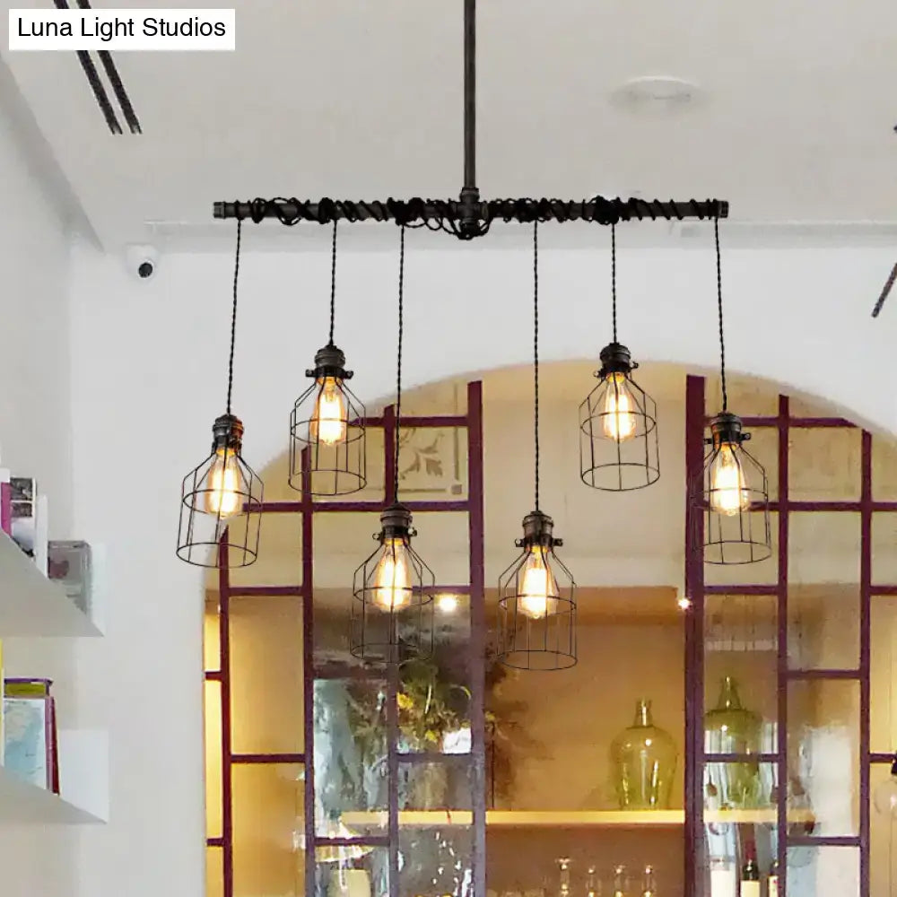 Industrial cage iron aged silver chandelier with five hanging cage lamps for island lighting 220v-240v 110v-120v
