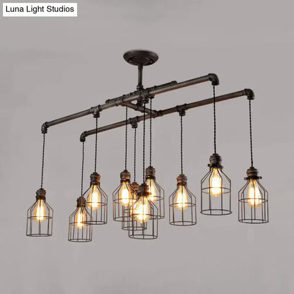 DecorBites aged silver industrial cage iron pendant light with double pipe rod and glowing filament bulbs 220v-240v 110v-120v