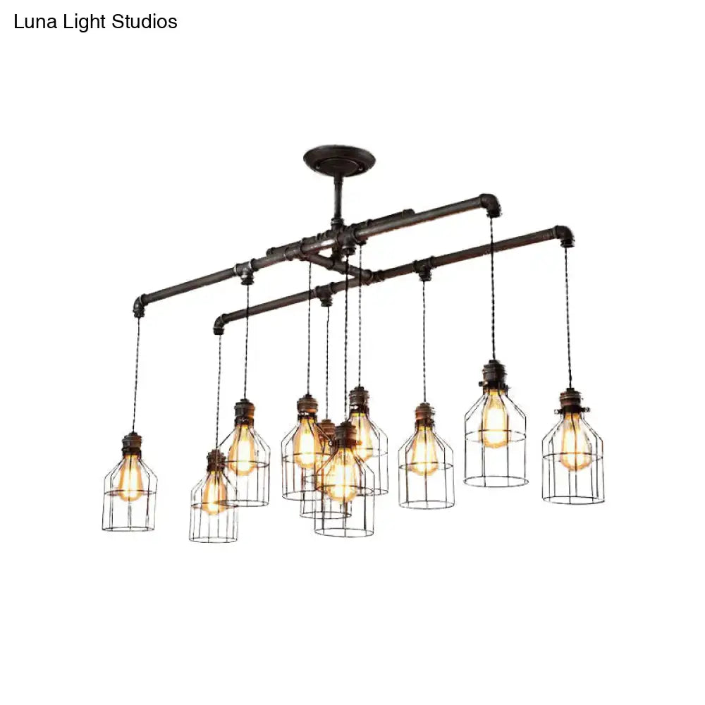 Industrial cage iron pendant light with aged silver finish featuring 6 filament bulbs and double pipe rod for island use