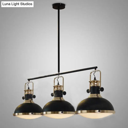 Decorbites industrial style black metal ceiling light with three brass dome shades and glass diffuser
