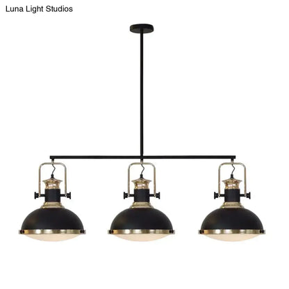Decorbites industrial style black metal ceiling light with brass three-light pendant and glass diffuser shades