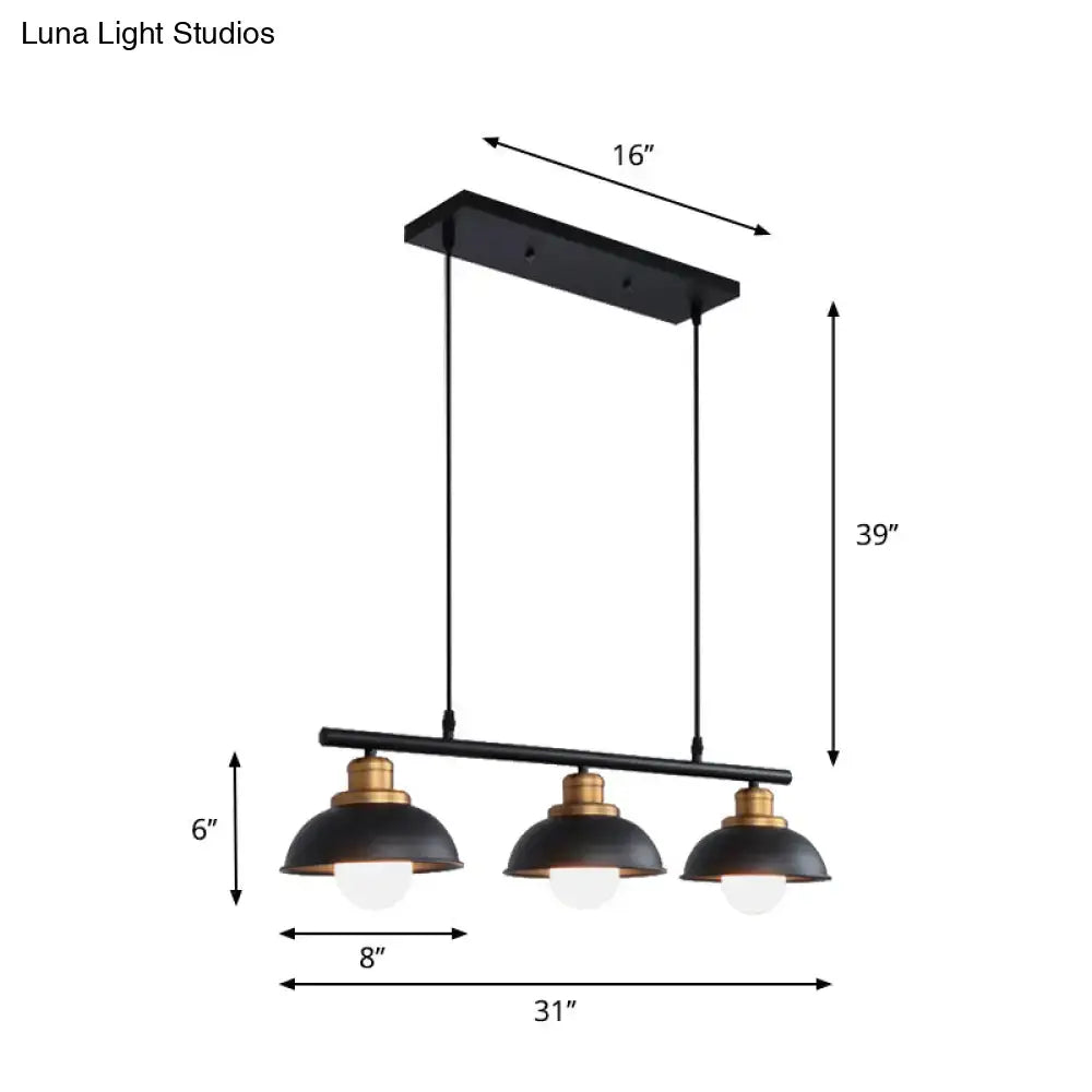 Decorbites™ industrial style ceiling light fixture with three black dome shades and brass accents for kitchen island