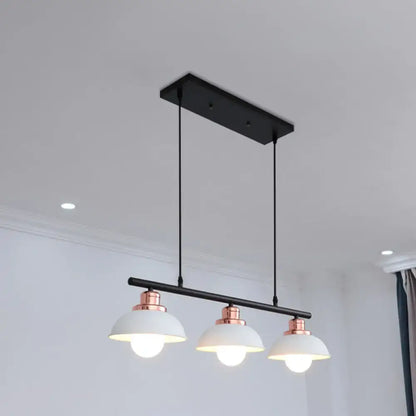 DecorBites™ industrial style light fixture with three white ceramic shades and rose gold accents in black metal
