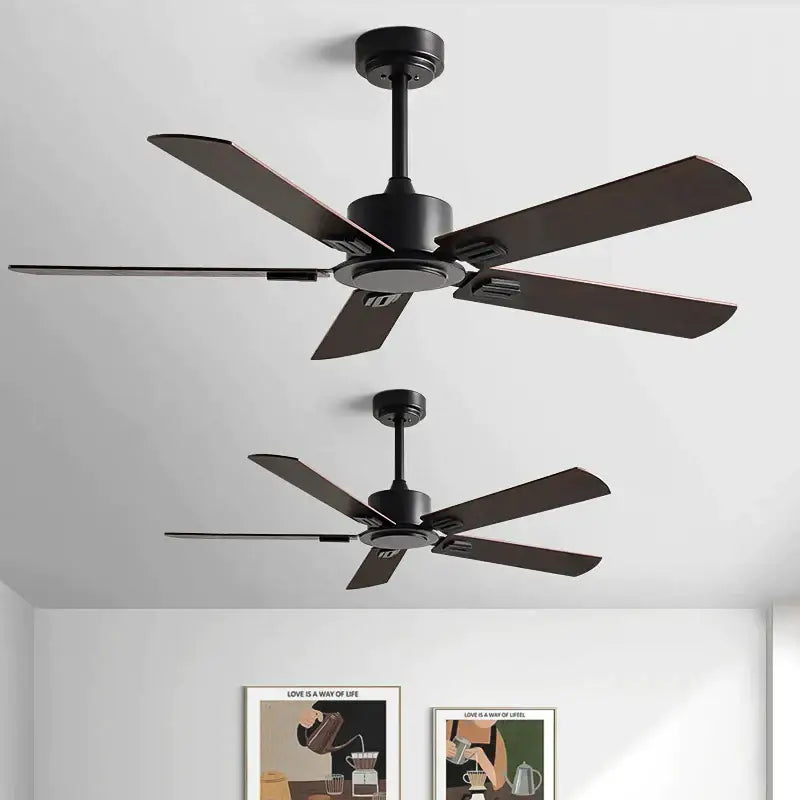 Industrial style black ceiling fan with five matte blades and remote control designed for living room use