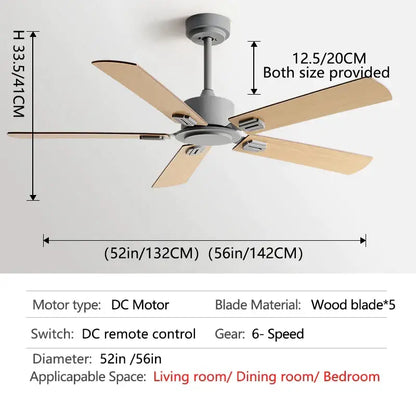 Industrial style black ceiling fan with remote control featuring gray body, five light wood blades, and a dc motor for living room