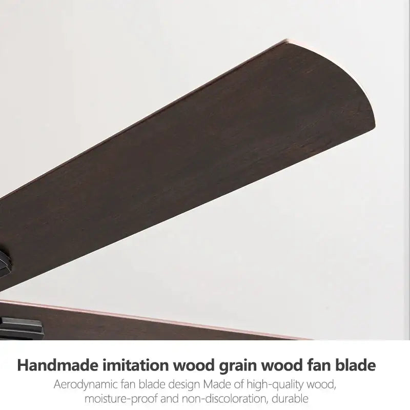 Industrial style black ceiling fan with remote control featuring dark brown handmade imitation wood grain fan blade