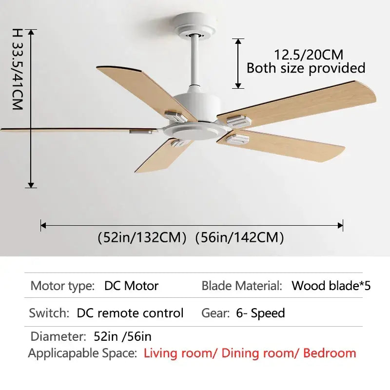 White ceiling fan with five light wood blades and dc motor paired with industrial style black ceiling fan remote control
