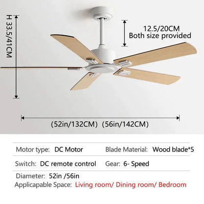 White ceiling fan with five light wood blades and dc motor paired with industrial style black ceiling fan remote control