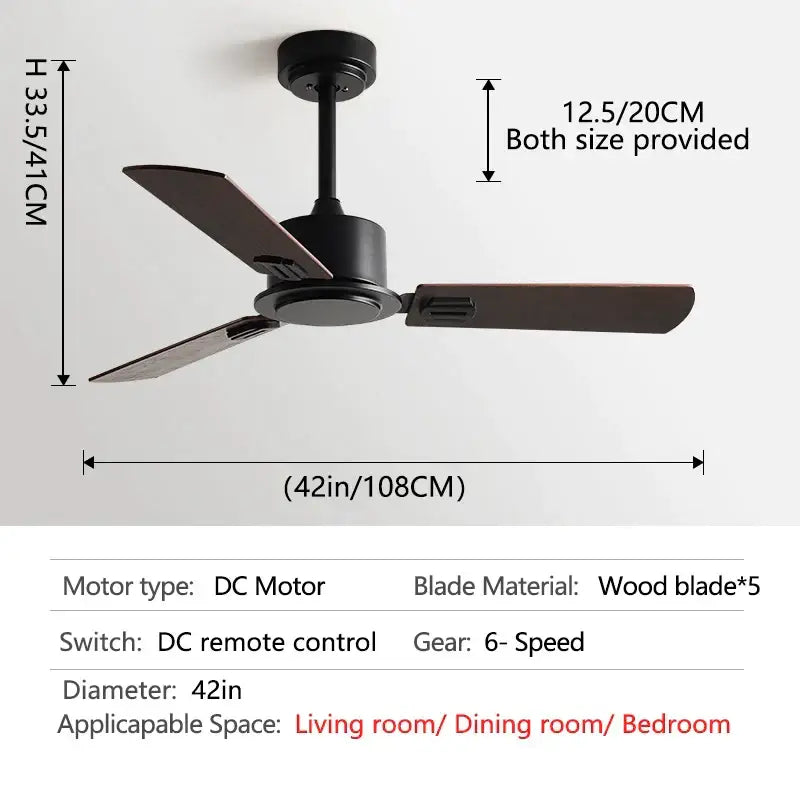 Industrial style black ceiling fan with three dark wood blades and dc motor with remote control for living room