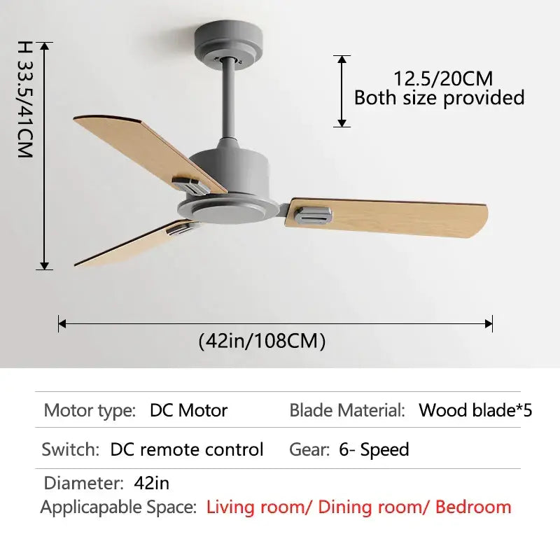 Modern industrial style black ceiling fan with three light wooden blades and remote control for living room use