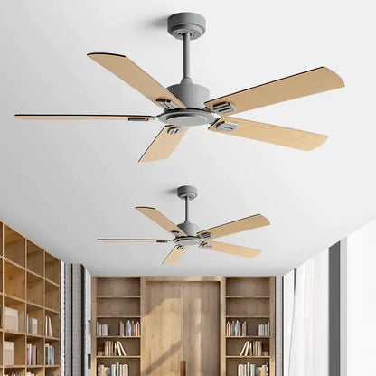 Industrial style black ceiling fan with remote control featuring light gray metal hub and five natural wood blades for living room