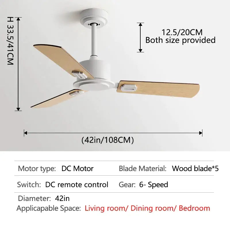 Industrial style black ceiling fan with remote control featuring white body, three light wood blades, and dc motor