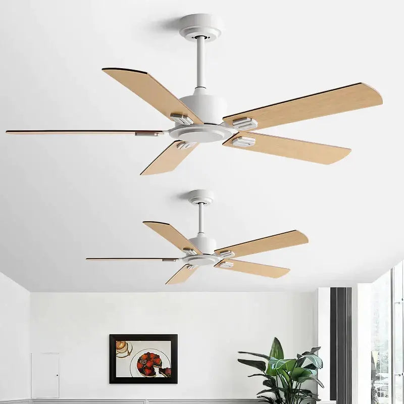 White ceiling fan with five light wood blades featuring a sleek modern design for industrial style black remote control use