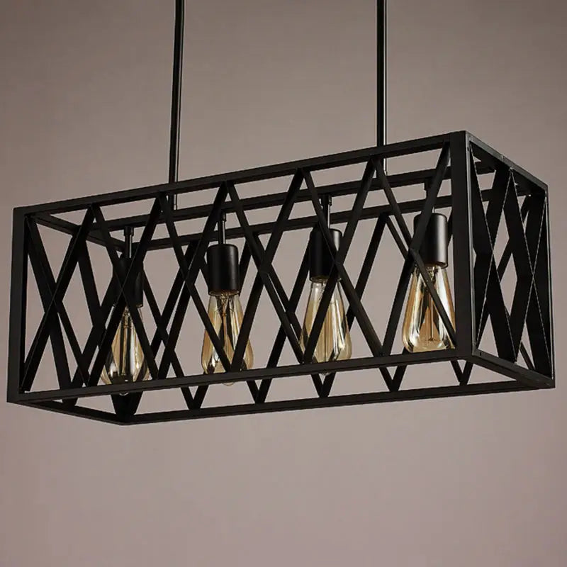 Black ironwork rectangular island light with industrial style lattice design and four exposed edison bulbs for kitchen