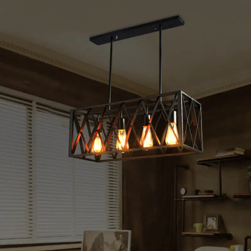 Industrial style black ironwork rectangular island light with exposed filament bulbs for kitchen lighting