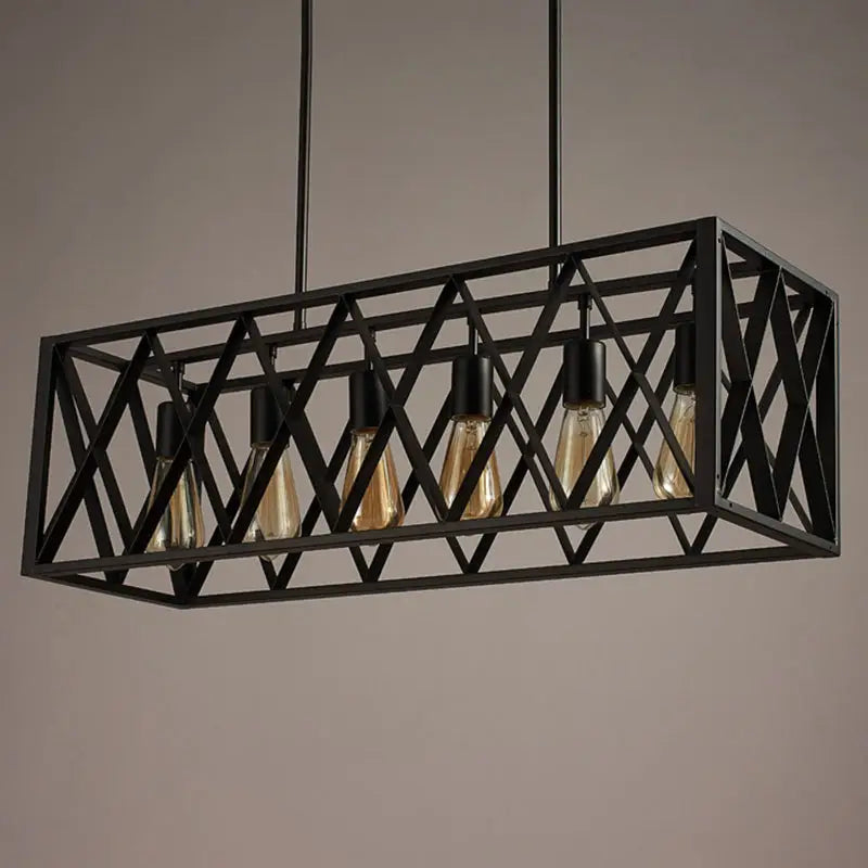 Black ironwork rectangular island light with geometric lattice design and five exposed edison bulbs in industrial style