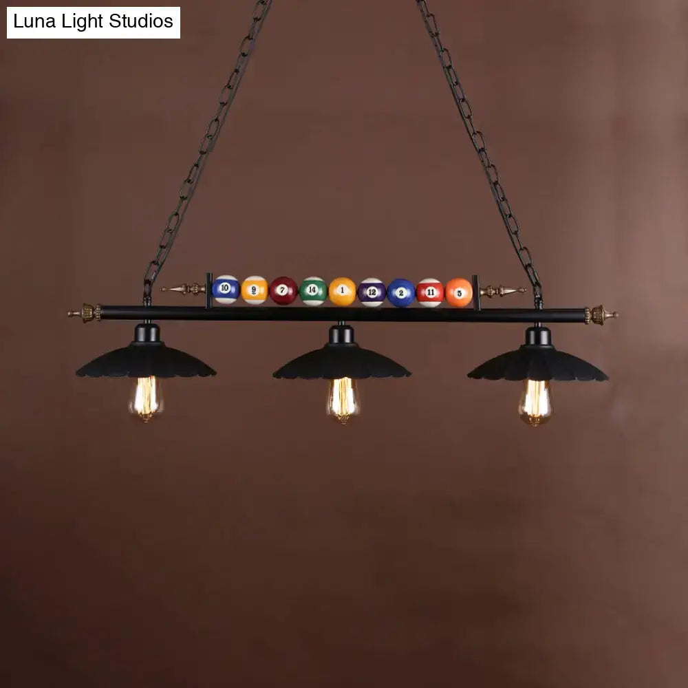 DecorBites™ industrial style black metal billiard light with scalloped shade and three filament bulbs with colorful balls