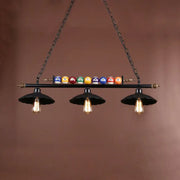 Decorbites™ industrial style black metal billiard light with scalloped shade and colorful billiard balls on top