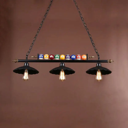Decorbites™ industrial style black metal billiard light with scalloped shade and colorful billiard balls on top