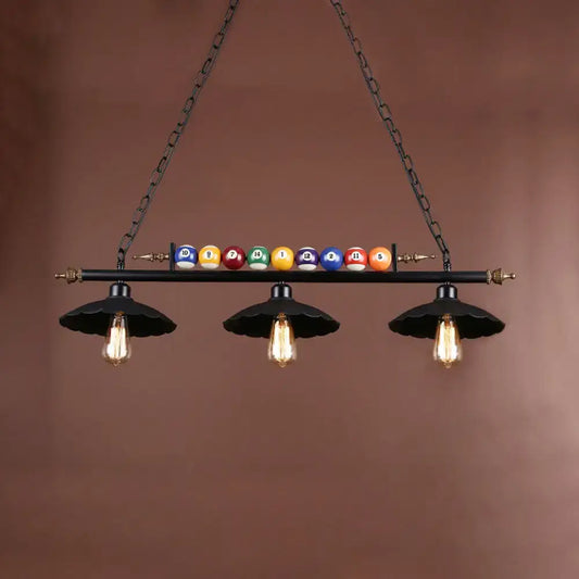 Decorbites™ industrial style black metal billiard light with scalloped shade and colorful billiard balls on top