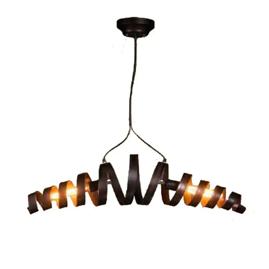 Industrial style dark bronze spiral metal pendant light with warm glowing bulbs for dining room or spiral metal island use