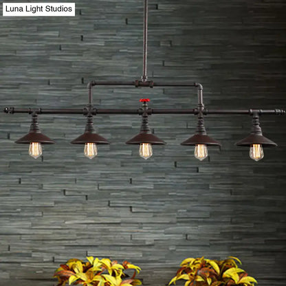 DecorBites™ industrial style black pipe chandelier with five exposed filament bulbs, cone shade, and red valve accent
