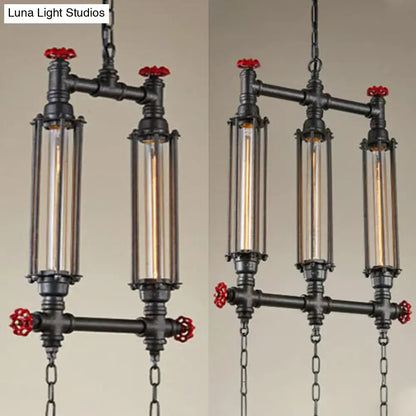 DecorBites industrial style tubular pendant light with black metal pipes red valve accents and clear glass tubes set of 3