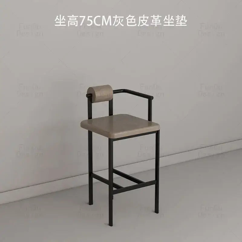 A modern industrial style bar chair with sleek black metal frame and gray leather seat for decorbites industrial style use