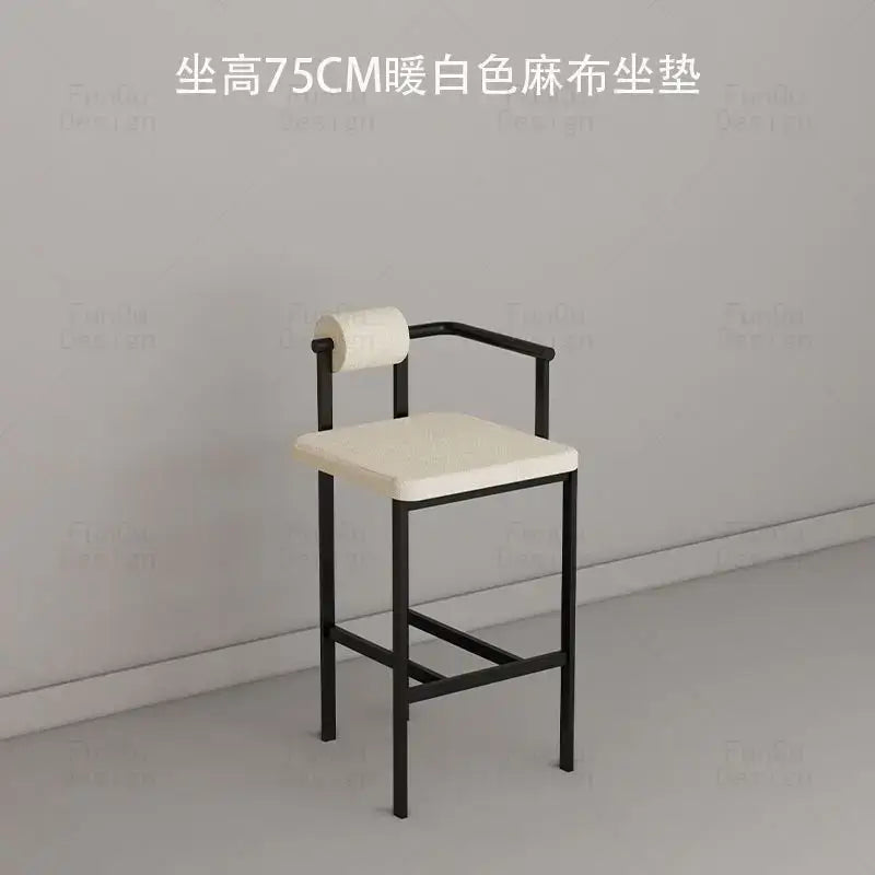 Minimalist black metal bar chair with warm white hemp fabric seat and integrated toilet paper roll decorbites industrial style bar