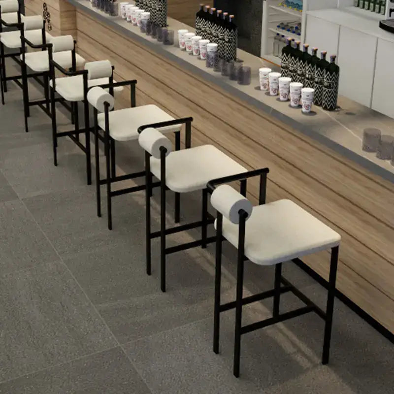 Modern black metal industrial style bar chair with white upholstered seats and backrests for dining room decorbites industrial style
