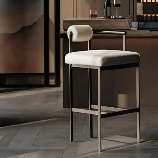 Modern industrial style bar chair with sleek metallic frame and plush white upholstered seat for dining room decorbites industrial style