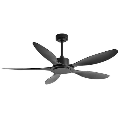 Black matte ceiling fan with five aerodynamic blades in industrial style ceiling design with remote control for bedroom