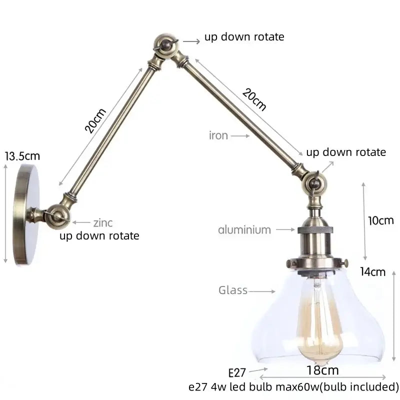 Adjustable industrial swing arm loft lamp with brass-finished iron and aluminum arm and clear glass shade for bedroom decorbites industrial swing