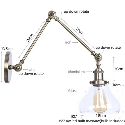 Adjustable industrial swing arm loft lamp with brass-finished iron and aluminum arm and clear glass shade for bedroom decorbites industrial swing