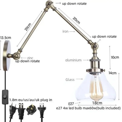 Adjustable industrial swing arm loft lamp with brushed brass finish iron and aluminum arm clear glass shade for bedroom decorbites industrial swing