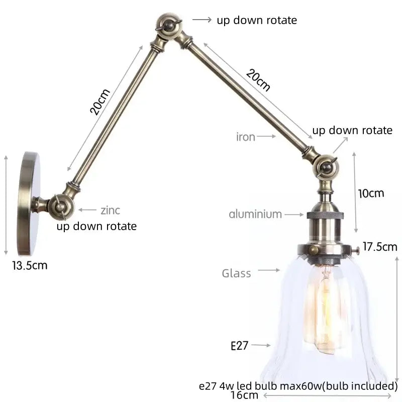 Adjustable industrial swing arm loft wall sconce with brass finish zinc aluminum arm glass bell shade and e27 led bulb