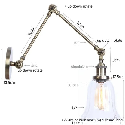 Adjustable industrial swing arm loft wall sconce with brass finish zinc aluminum arm glass bell shade and e27 led bulb