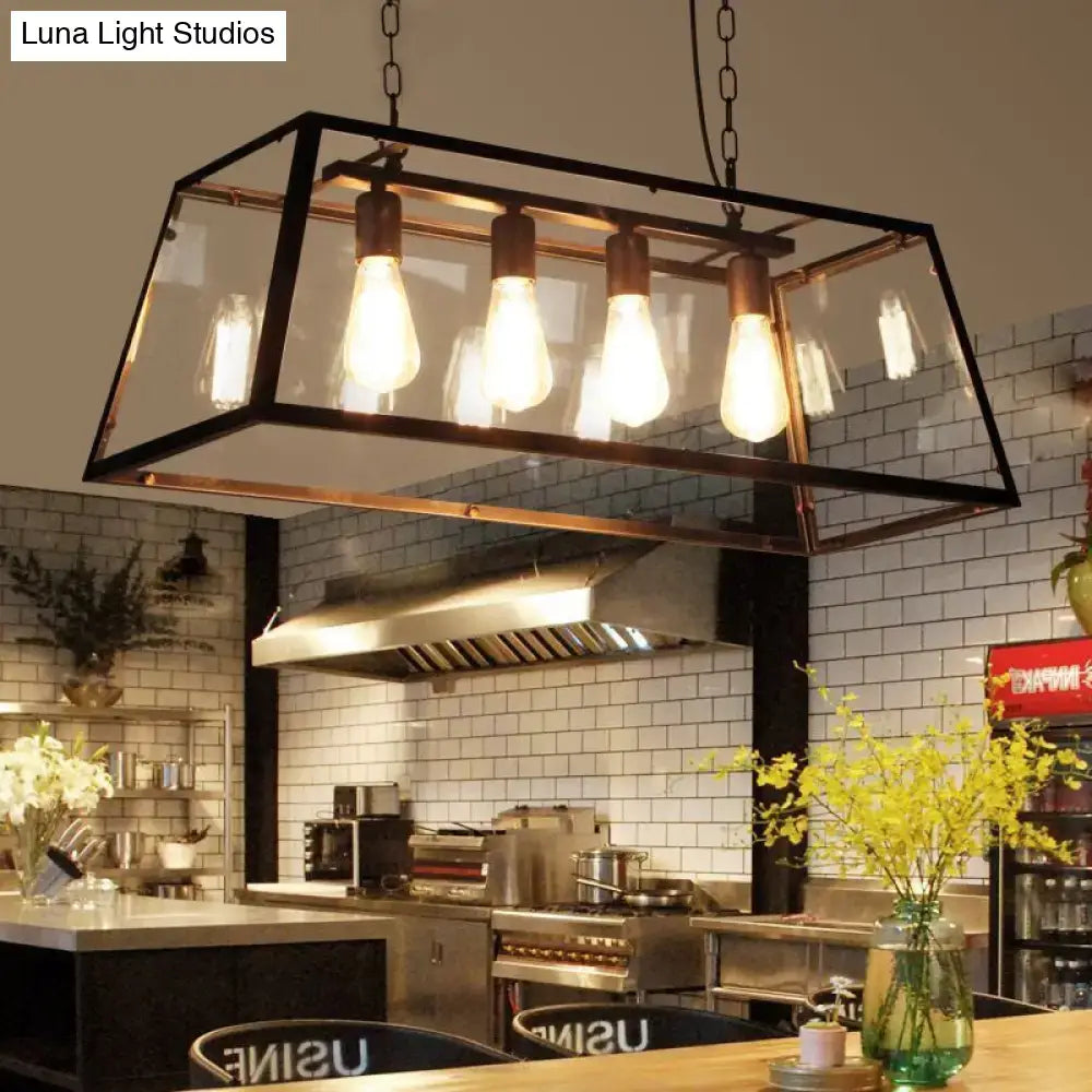 Decorbites industrial trapezoid 4-light island lamp in black with clear glass and four exposed edison bulbs