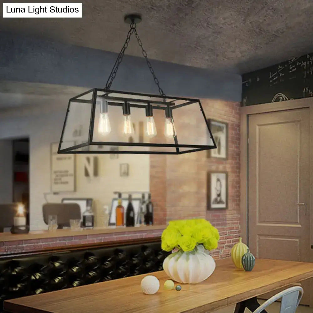 DecorBites Industrial trapezoid 4-light island lamp in black metal with clear glass panels and chain downrods