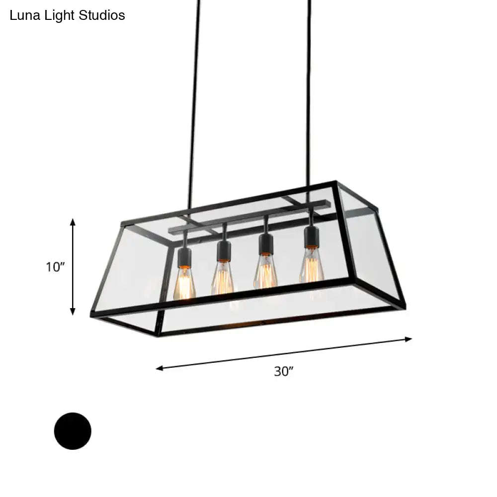 DecorBites industrial trapezoid 4-light island lamp in black with clear glass panels and chain downrods