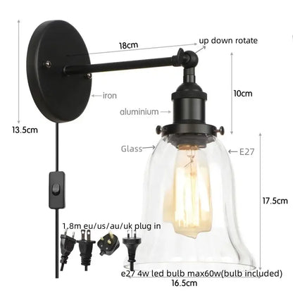 Black iron and aluminum industrial vintage led wall sconce with clear glass shade for decorbites industrial vintage decor