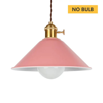 Pink conical pendant light with brass socket and braided cord featuring decorbites industrial vintage chandelier style